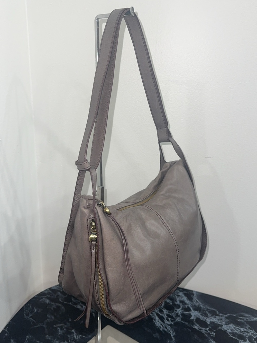 HOBO Handbag Leather Shoulder Bag Gray Medium Size AUTHENTIC - Picture 6 of 14